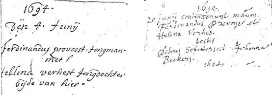 Inschrijving huwelijken Ferdinandus Prevoost en Hellena Verhest in 1694