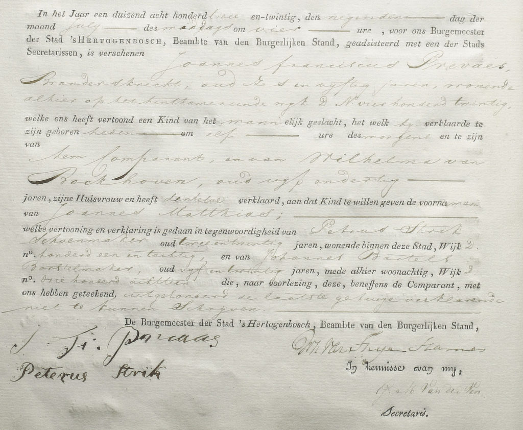 Geboorteakte Johannes Mathias Prevaes (1822)