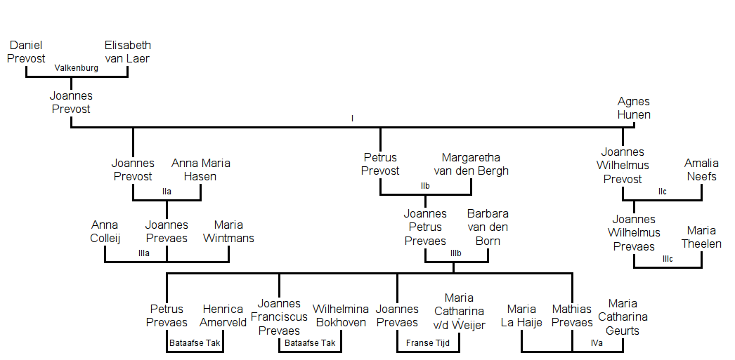 Geneagram van de Gronsveldse stam van de families Prevaas, Prevaes en Prevos