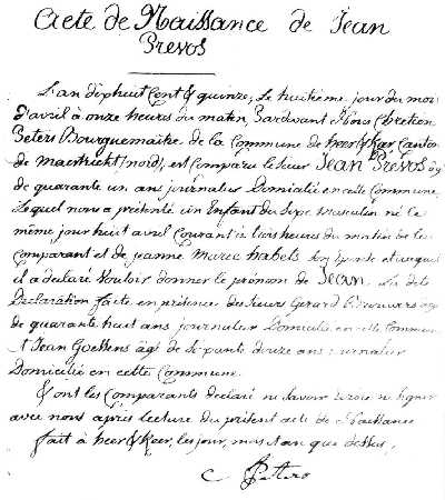 Geboorteakte Jean Prevos 7 april 1815