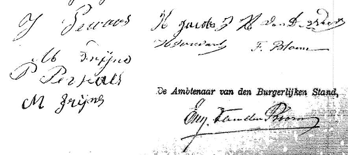 Ondertekening Huwelijksakte Joannes Lambertus Prevaas en Anna Maria Frijns