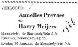 Aankondiging van de verloving tussen Annelies Prevaes en Harry Meijers