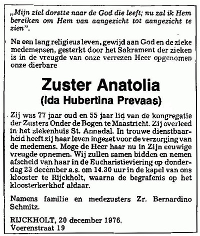 Overlijdens advertentie Zuster Anatolia